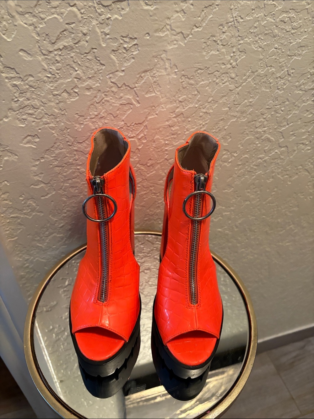 Women's Bright Orange Peep-Toe Platform Heels with Front Zip